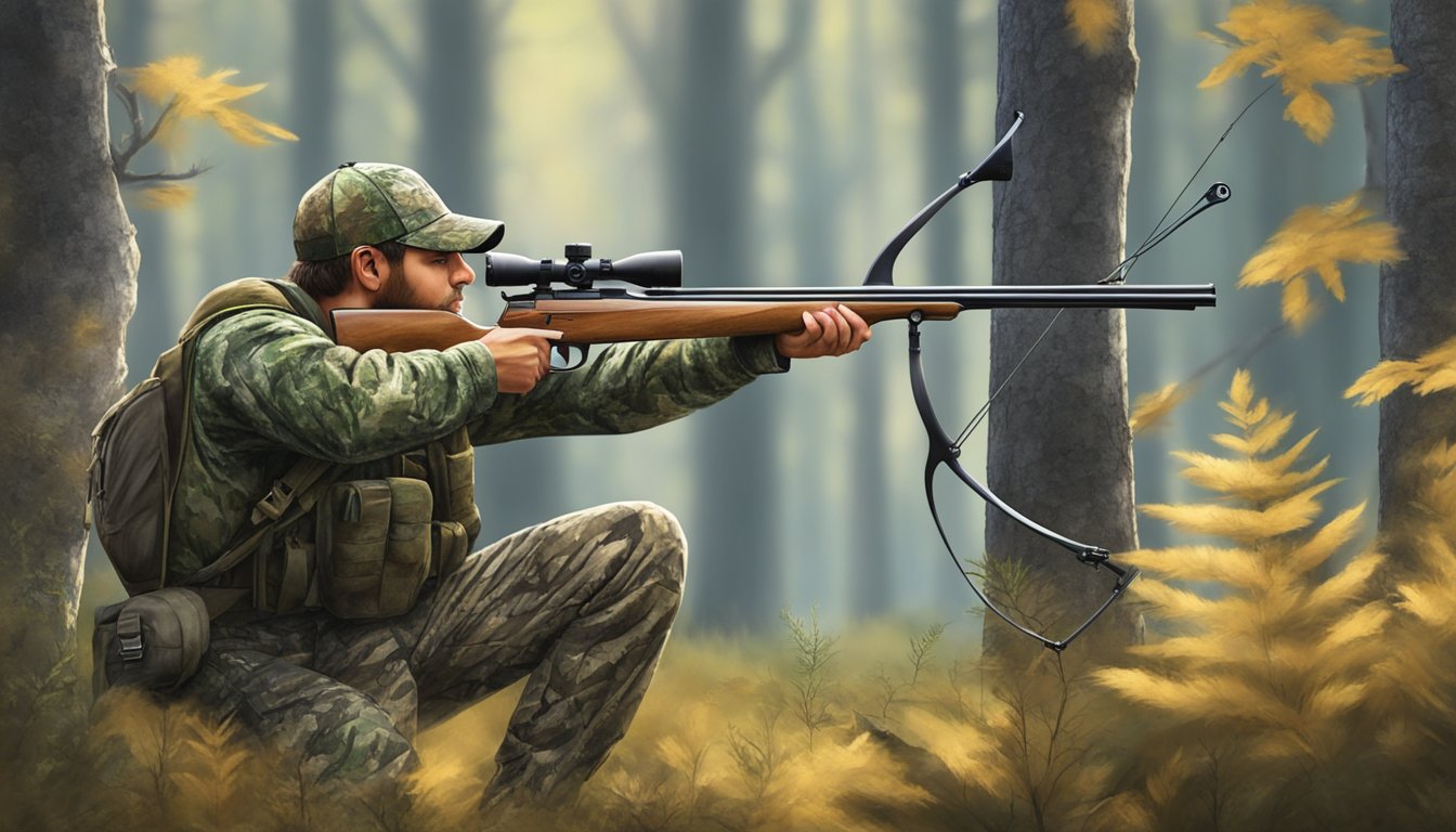 A hunter in camouflage draws back a bow, aiming at a deer in a forest clearing during bow hunting season in Oregon