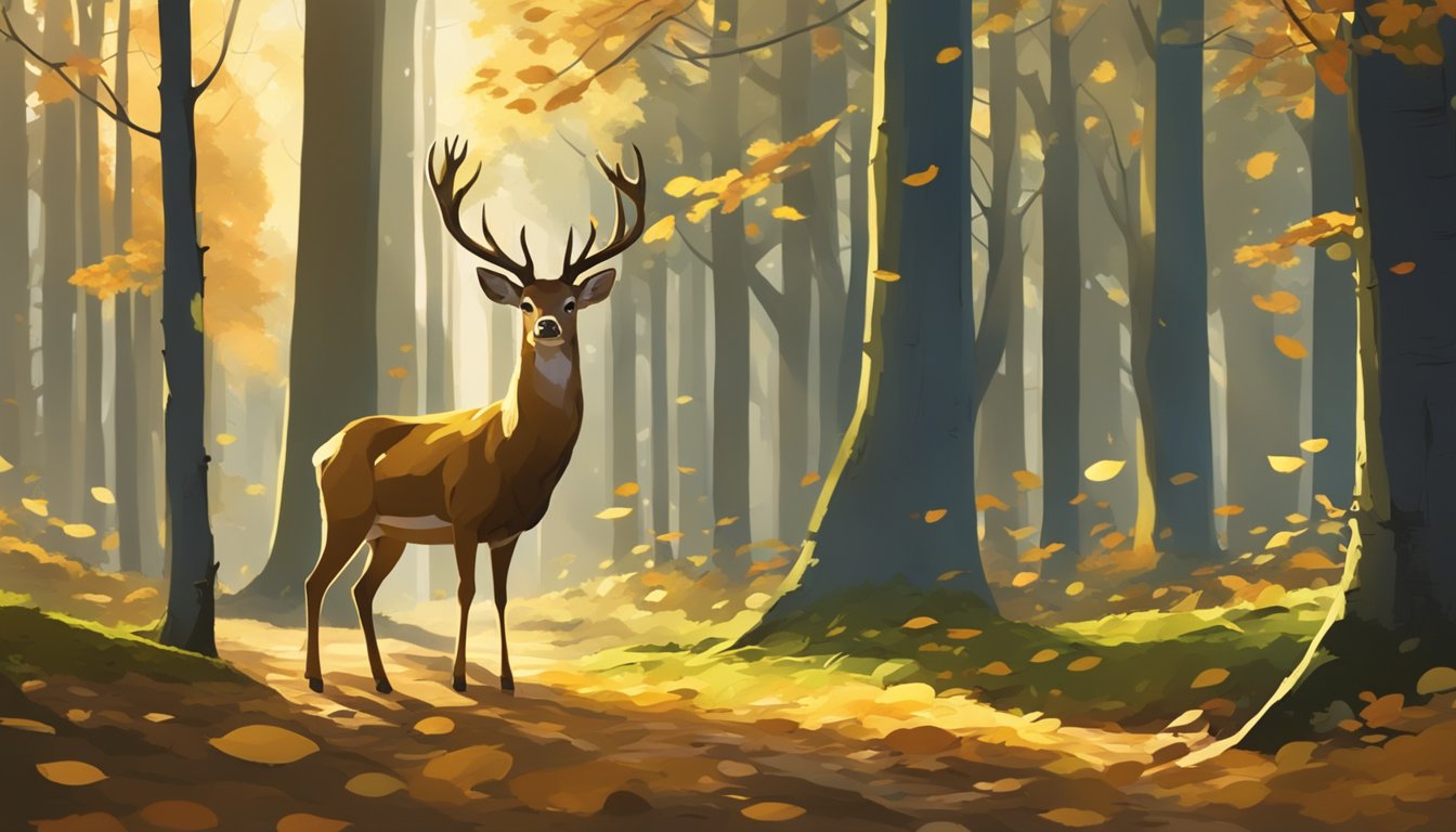 A deer stands alert in a forest clearing, bathed in golden sunlight filtering through the trees. Fallen leaves and moss cover the ground