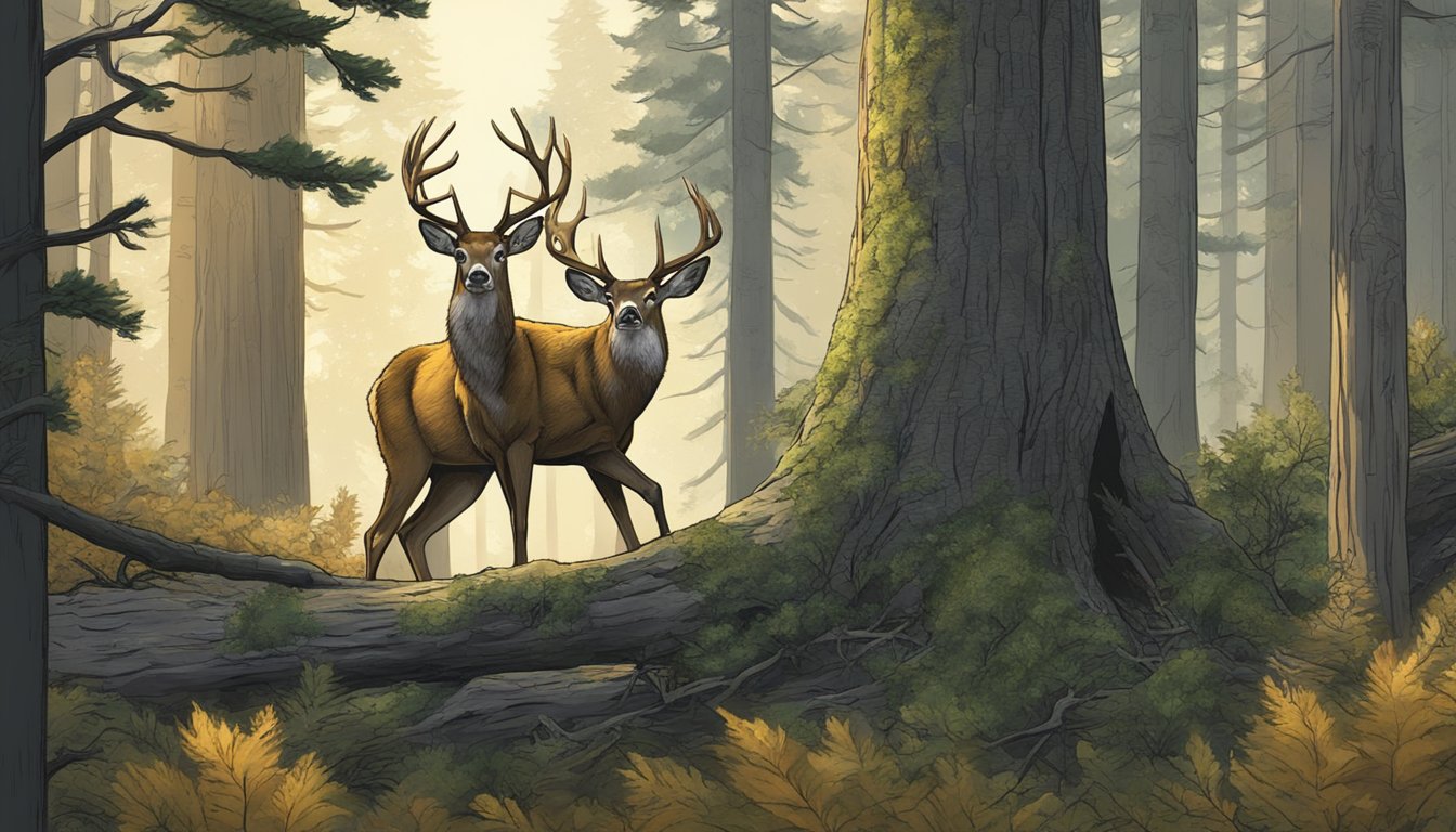 A hunter silently waits in a tree stand, surrounded by dense Oregon forest. A deer cautiously approaches, its ears perked, as the hunter carefully takes aim