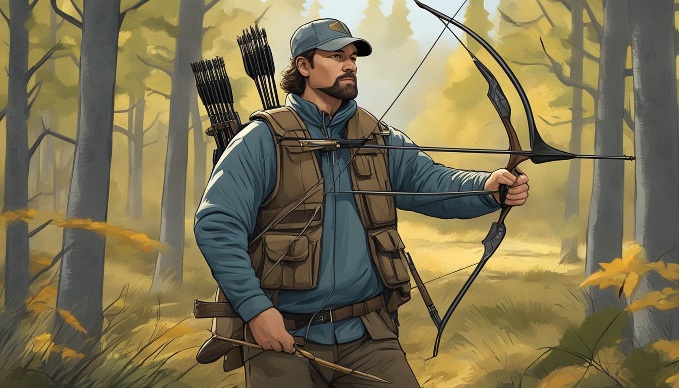 A hunter with a bow and arrow in a forest clearing during bow hunting season in South Dakota