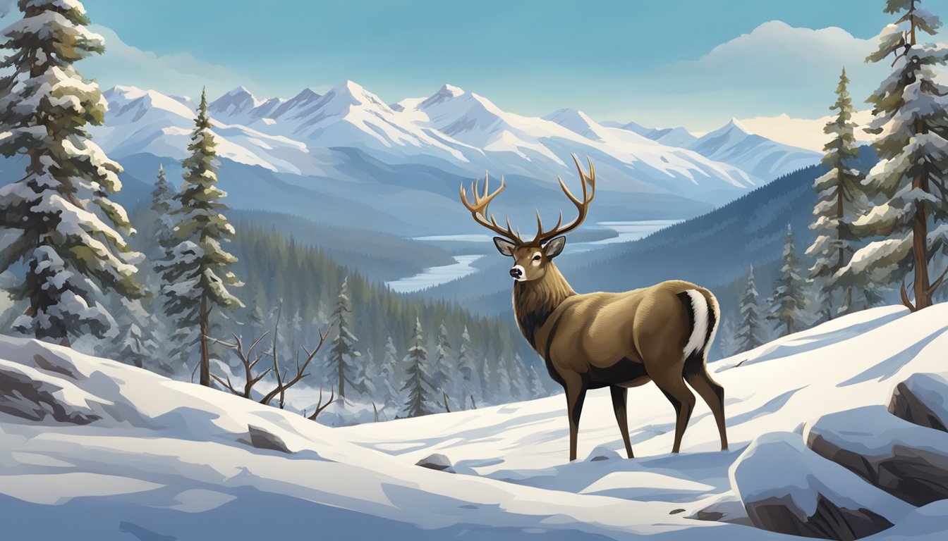 A hunter in camouflage draws a bow, surrounded by dense Montana forest. A deer grazes in the background, framed by snow-capped mountains