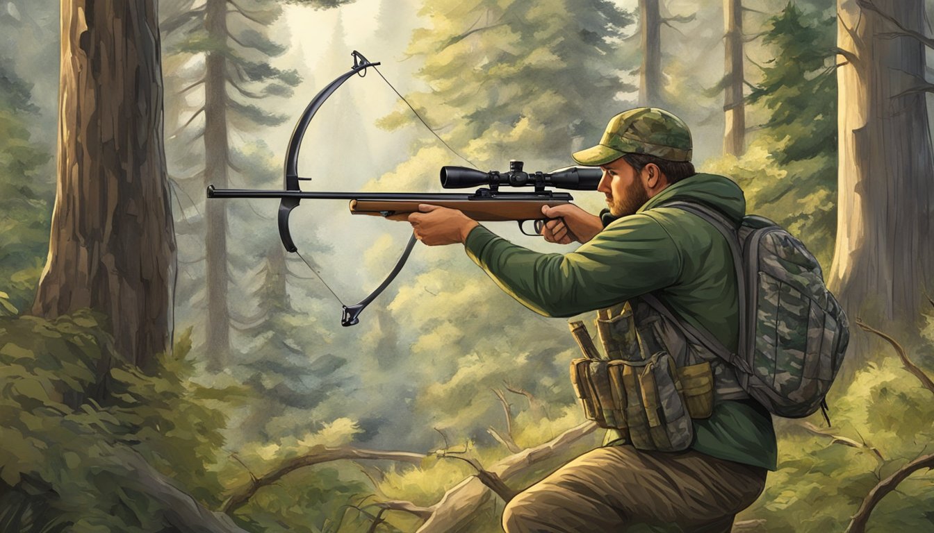 A hunter in camouflage draws back a bow, aiming at a deer in the Oregon wilderness. Trees and foliage surround the scene