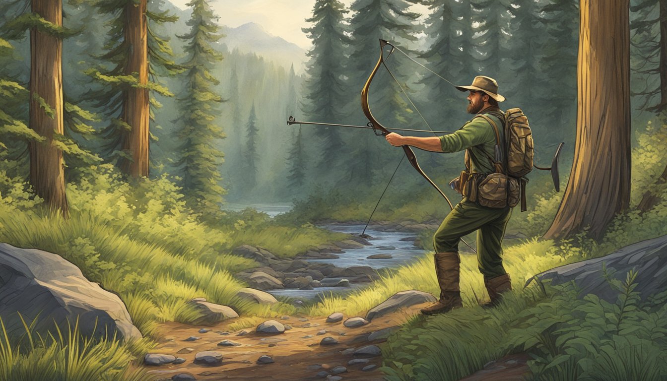 A hunter draws back their bow, surrounded by lush Oregon wilderness and wildlife