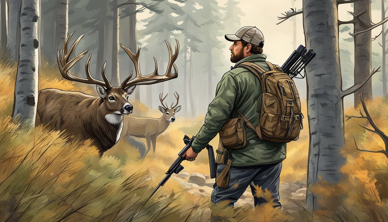 A bow hunter stalking a deer in a Montana forest during hunting season