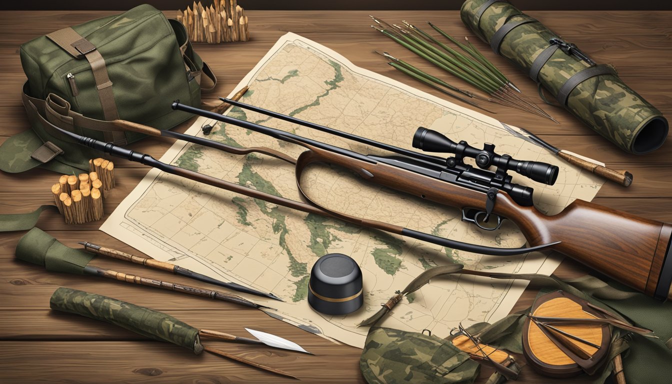 A hunter's bow and arrows laid out on a wooden table, surrounded by camouflage gear and a map of the hunting area