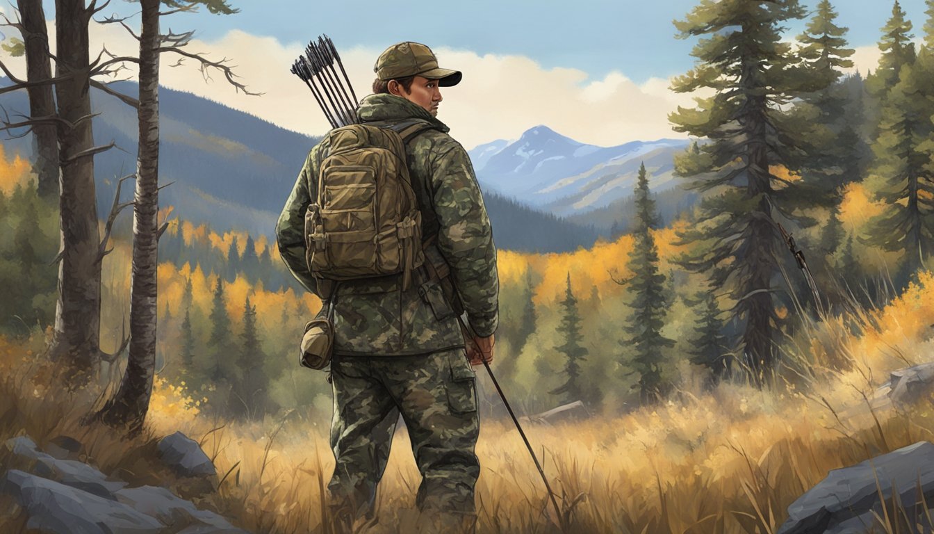 A hunter in camouflage gear steadies their bow in a forest clearing, surrounded by the rugged landscape of Montana. Their focused gaze and poised stance convey readiness and skill