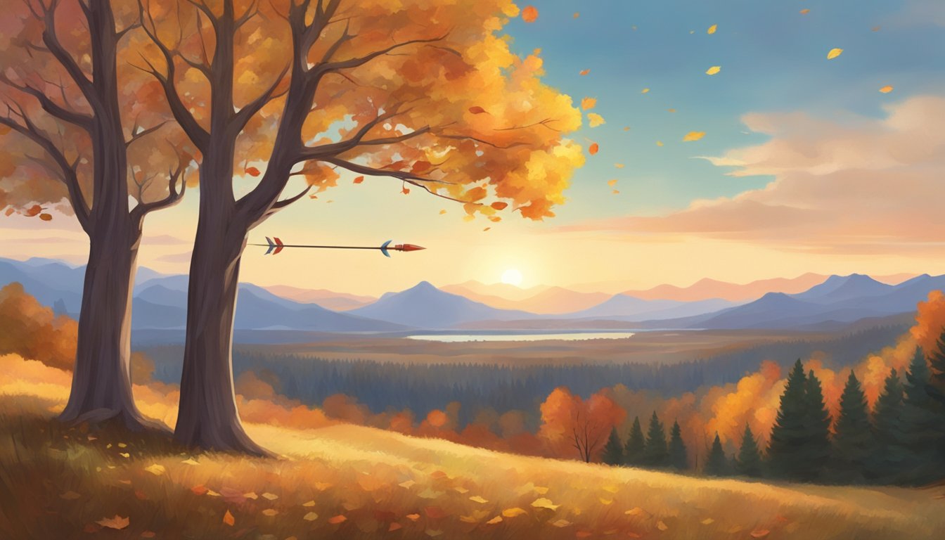 A serene forest clearing with colorful autumn leaves, a bow and arrow resting against a tree, and a distant view of the South Dakota hills