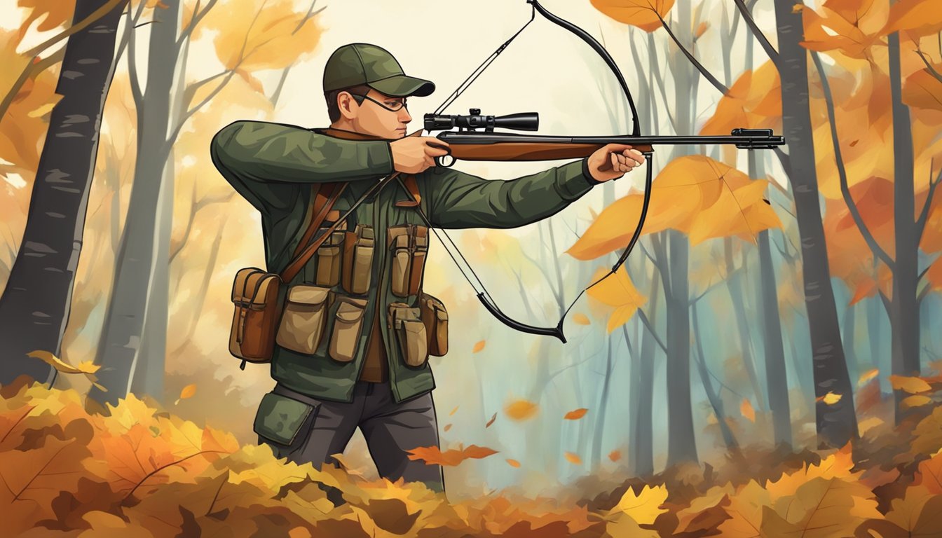 A hunter in camouflage draws back a bow in a forest clearing, aiming at a target. Surrounding trees are adorned with colorful autumn leaves