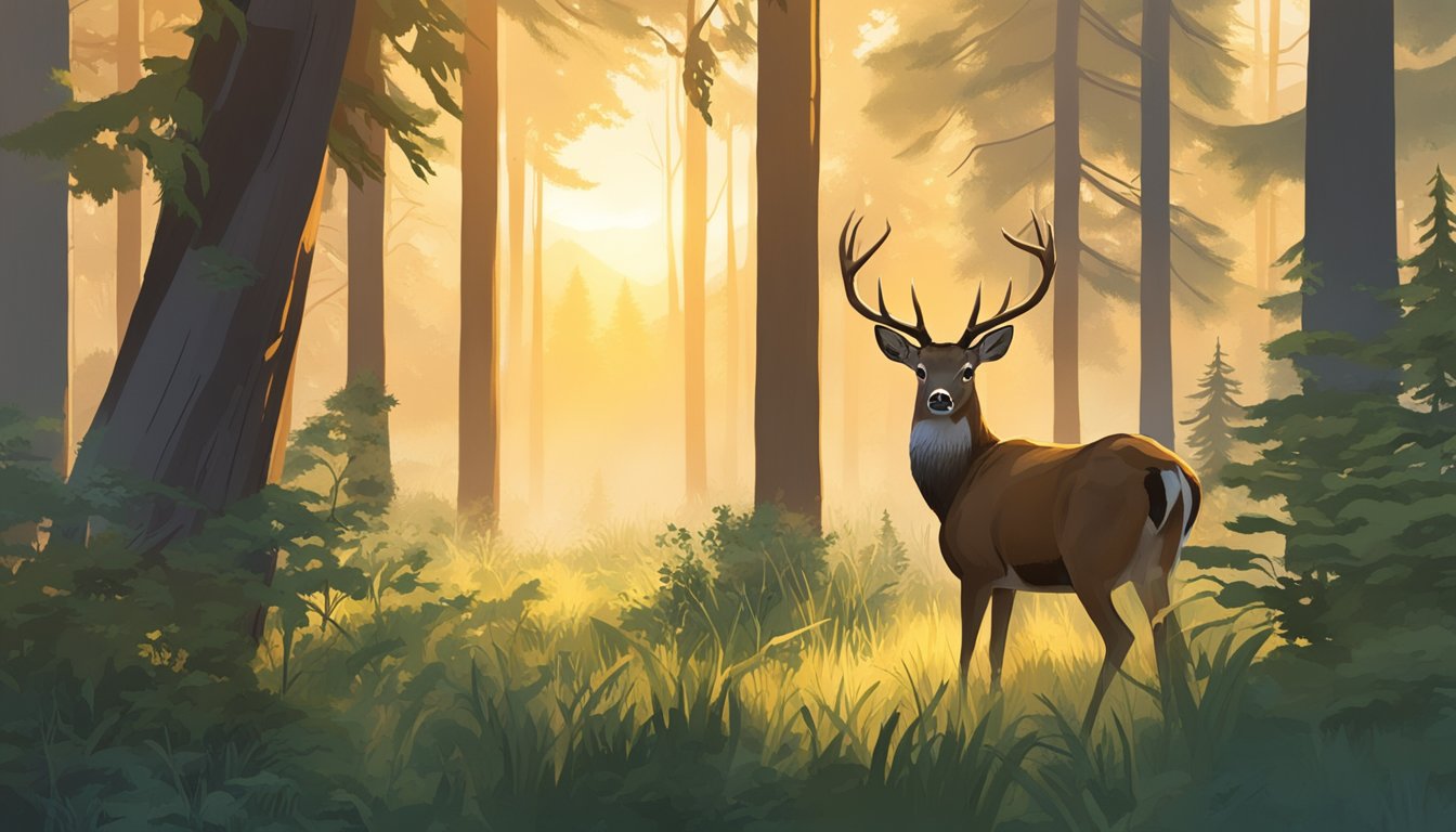 A deer cautiously grazes in a lush Montana forest, surrounded by tall trees and thick underbrush. The soft glow of the setting sun casts a warm light over the scene