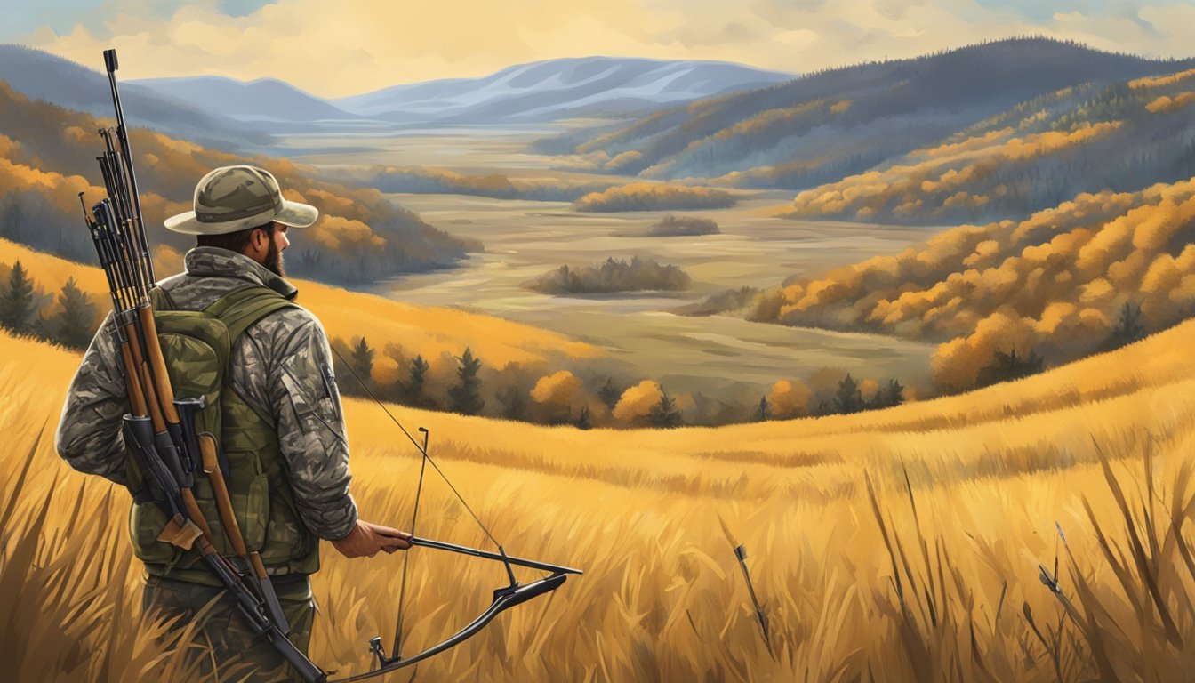 A hunter in camouflage draws back a bow, surrounded by the golden fields and rolling hills of South Dakota during bow hunting season