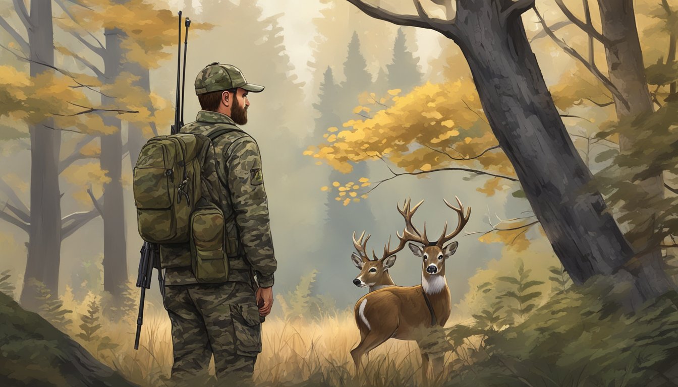 A hunter in camouflage stands in a wooded area, bow in hand, as deer graze in the distance