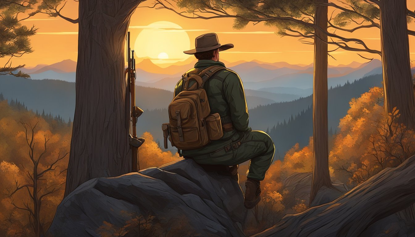 A hunter silently waits in a tree stand, surrounded by dense forest and rugged mountains. The sun sets, casting a warm glow over the landscape