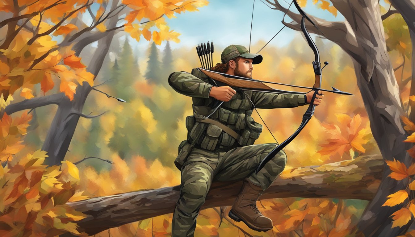 A hunter in camouflage waits in a tree stand, surrounded by colorful autumn foliage, with a bow and arrow ready