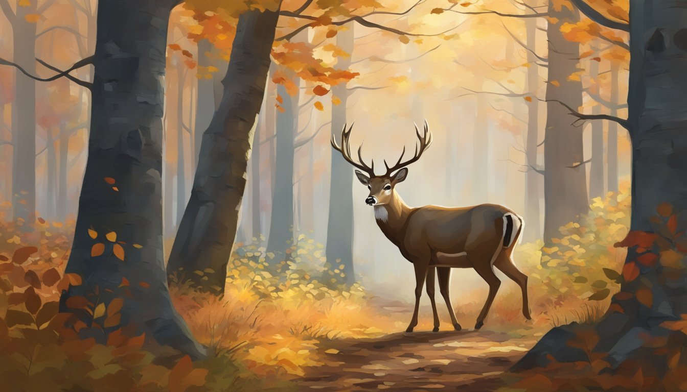 A deer stands alert in a forest clearing, surrounded by autumn foliage. A bowhunter crouches in the distance, hidden behind a tree