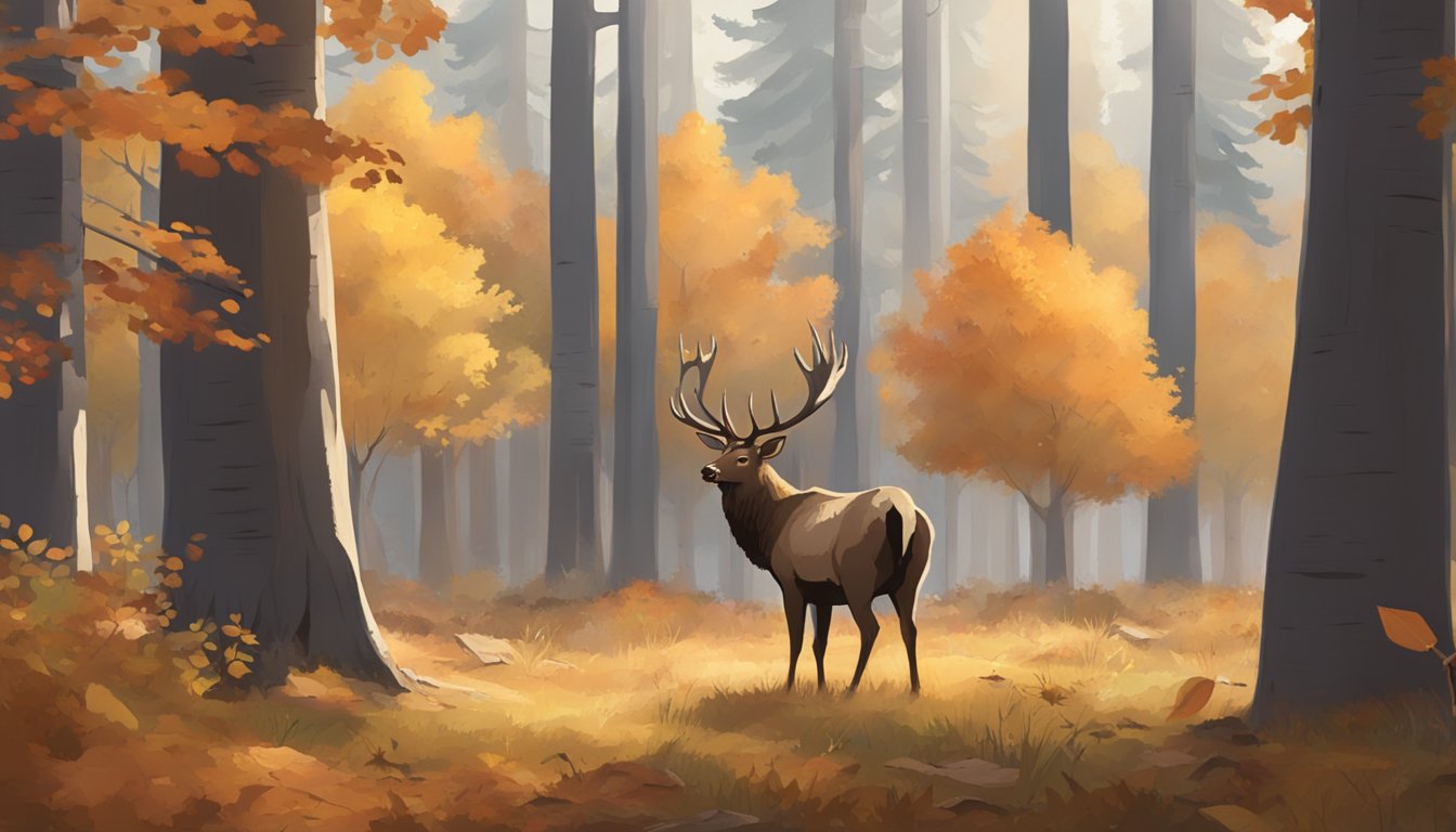 A lone elk stands in a forest clearing, surrounded by autumn foliage. A bow and arrow lay on the ground nearby, with a sign indicating specific hunting regulations for Utah