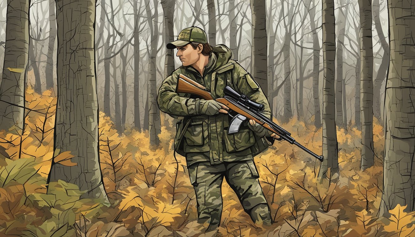 A hunter in camouflage navigating through a wooded area marked with "bow hunting season" signs in Rhode Island