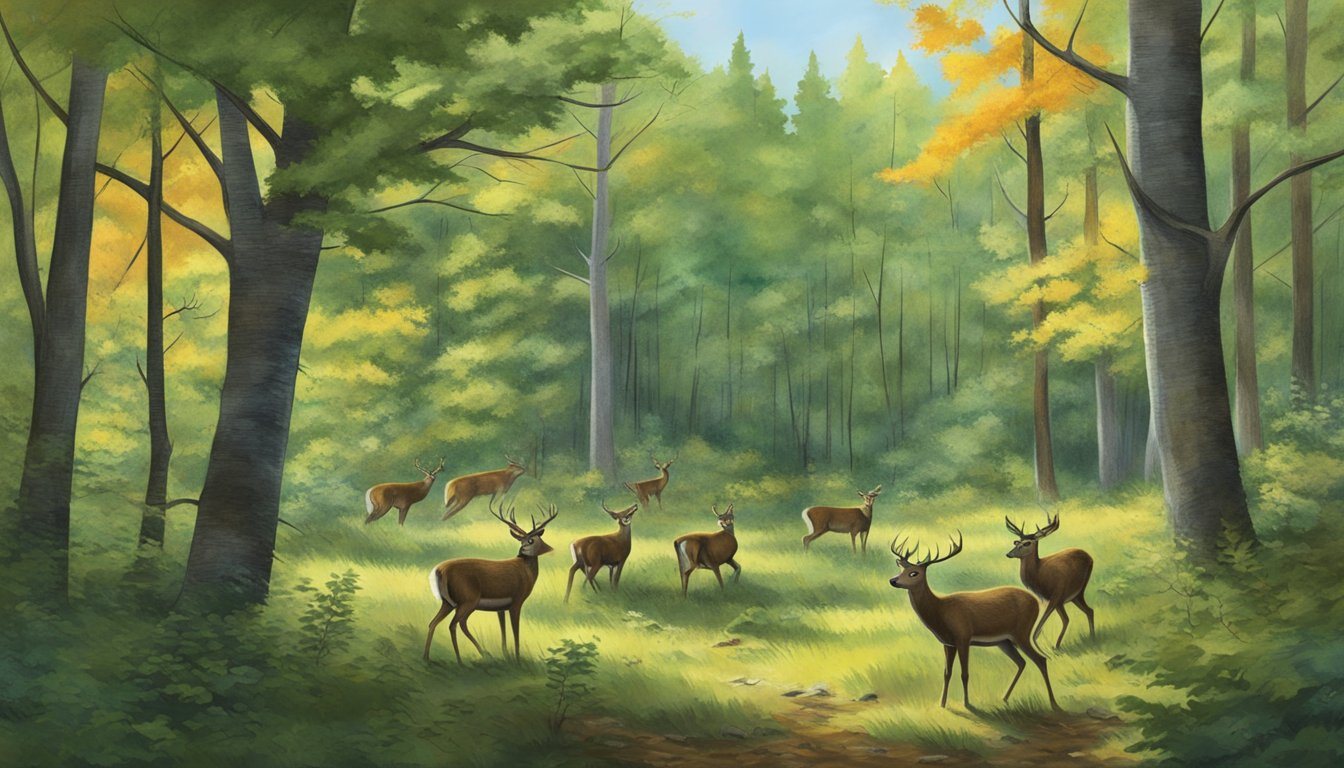 The forest clearing in New Hampshire is alive with wildlife during bow hunting season, with deer cautiously grazing and birds flitting from tree to tree