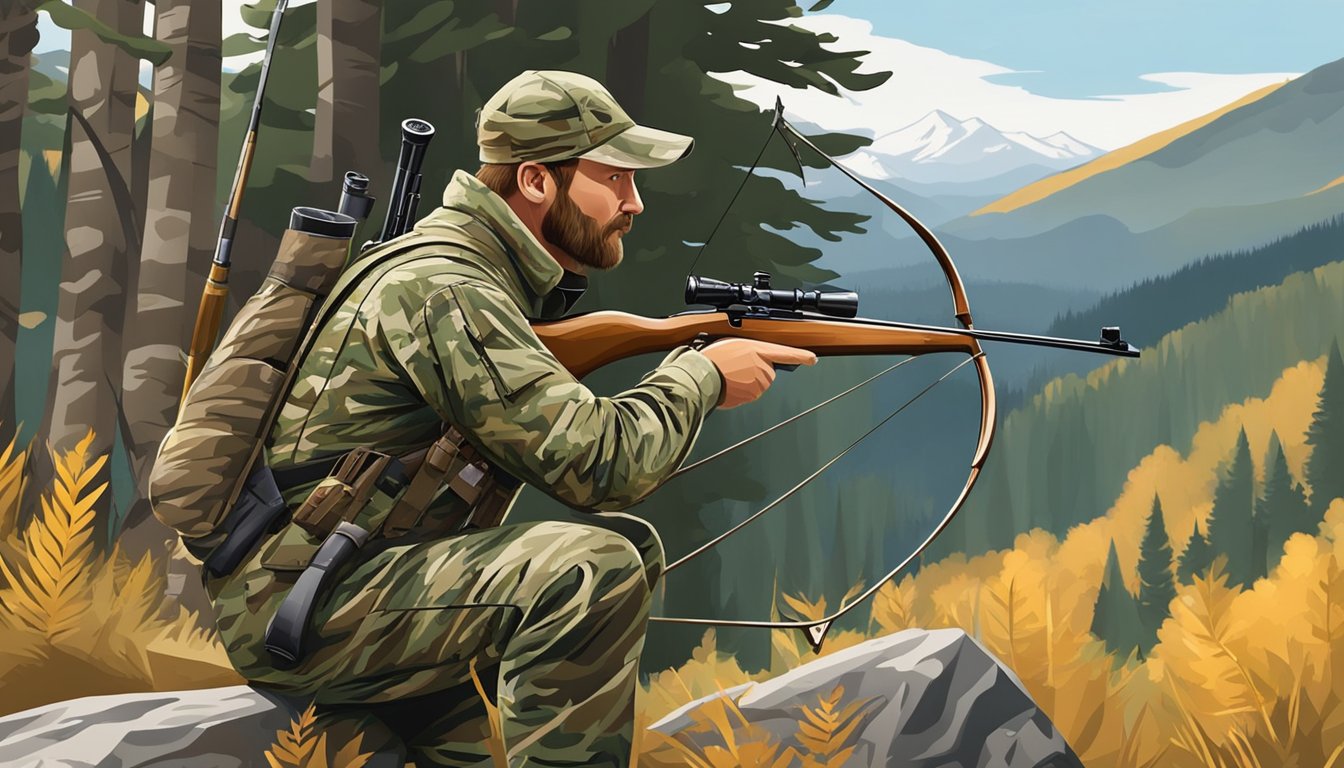 A hunter in camouflage draws back a bow in a wooded area, with mountains in the background