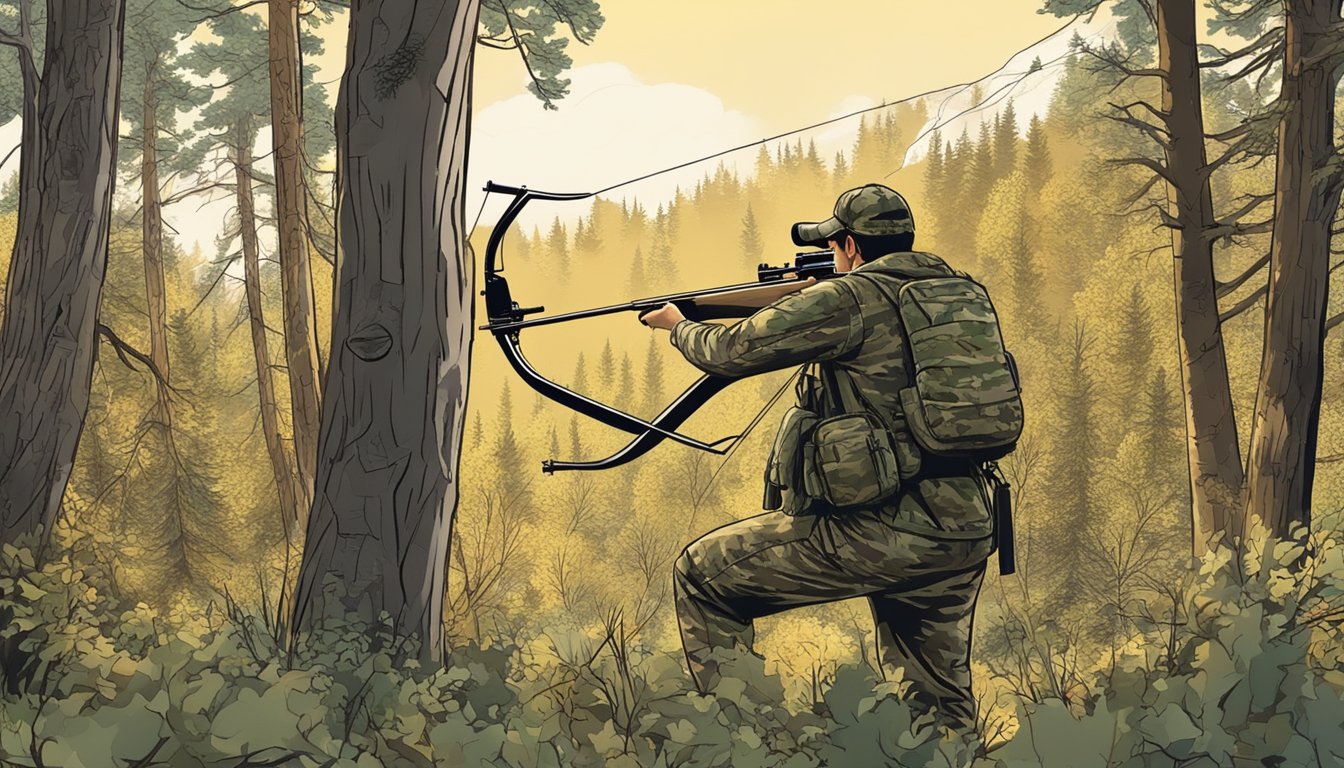 A hunter in camouflage drawing back a bow, surrounded by trees in a Utah forest during bow hunting season