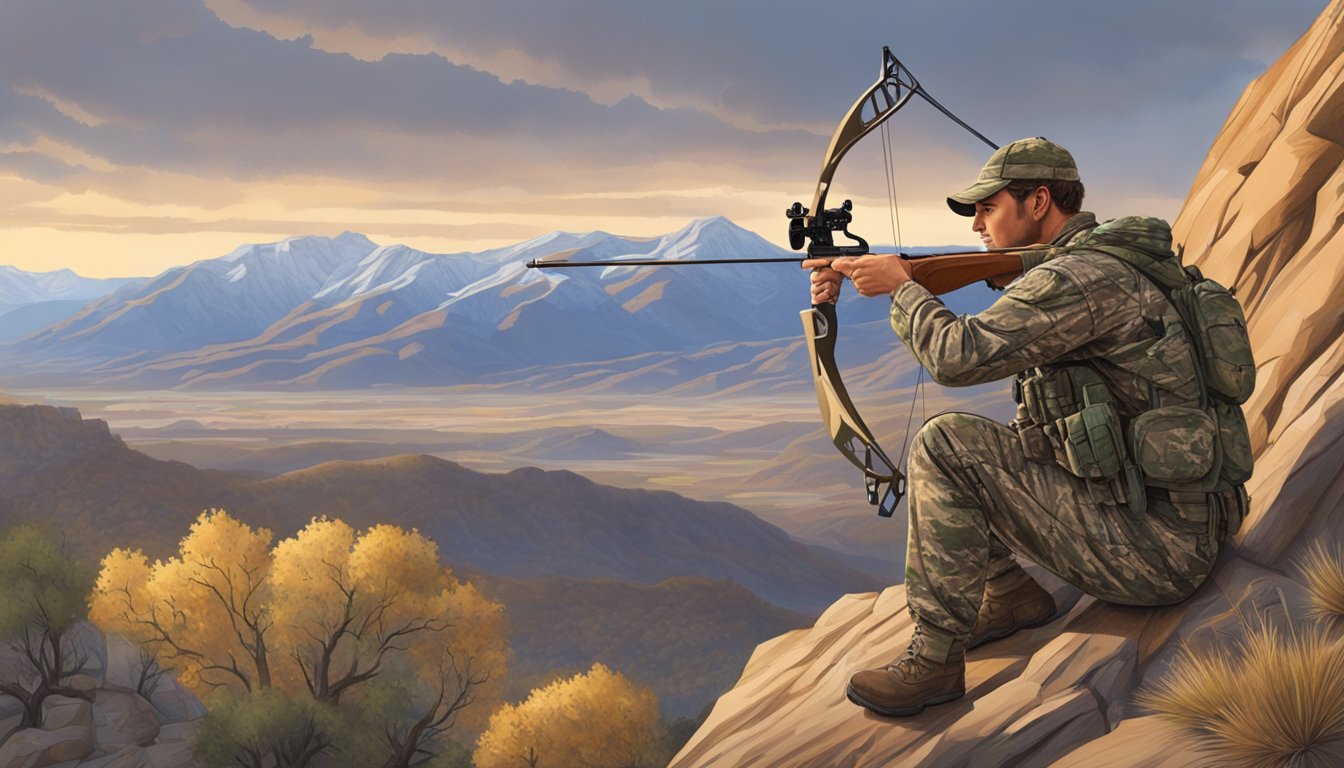 A hunter in camouflage drawing a bow, surrounded by Utah's mountainous landscape in the early morning light