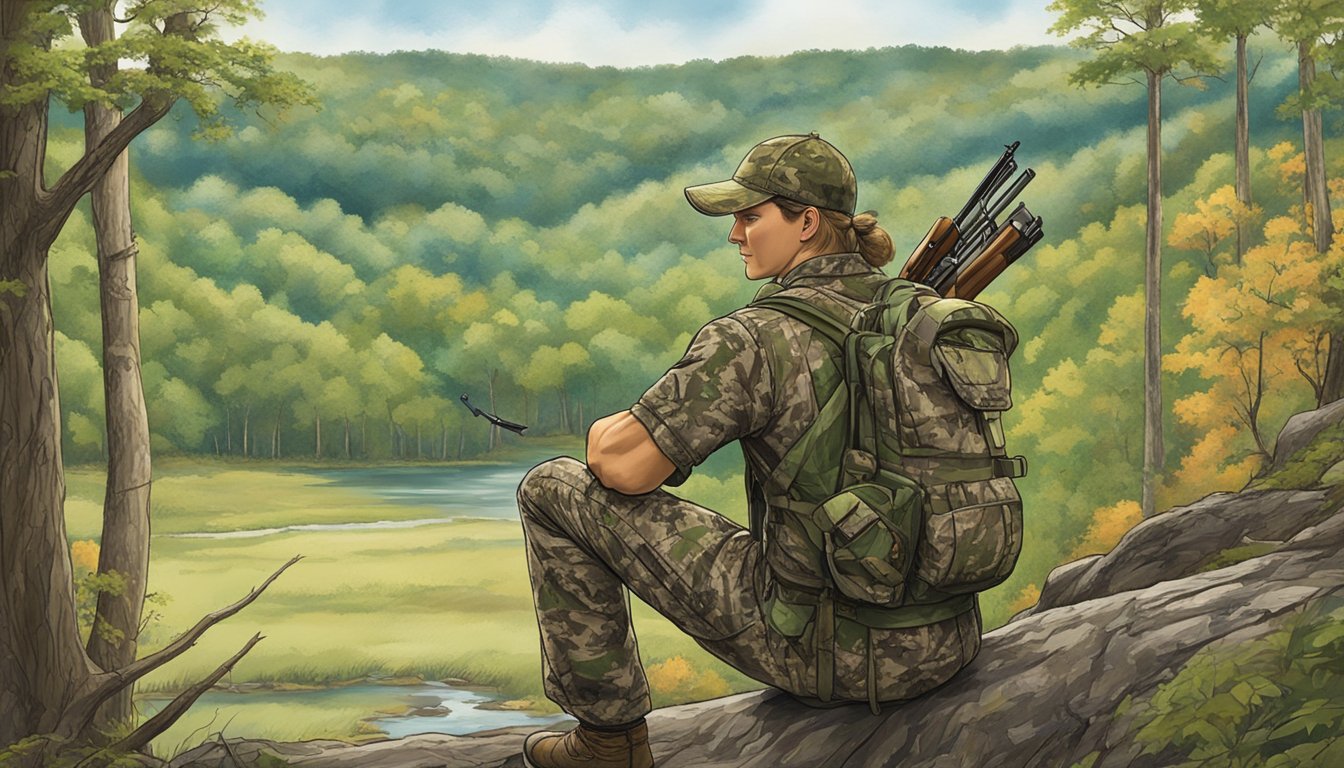 A hunter in camouflage holding a bow, with a backdrop of Tennessee's wooded landscape and a sign displaying "Hunting Licenses and Permits."