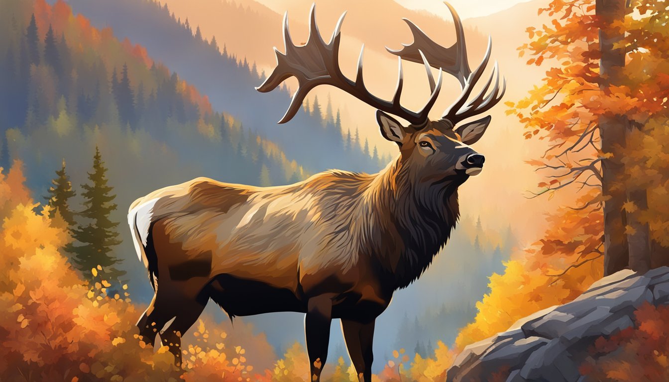 A majestic bull elk stands proudly on the rugged mountainside, surrounded by vibrant autumn foliage and bathed in the warm glow of the setting sun