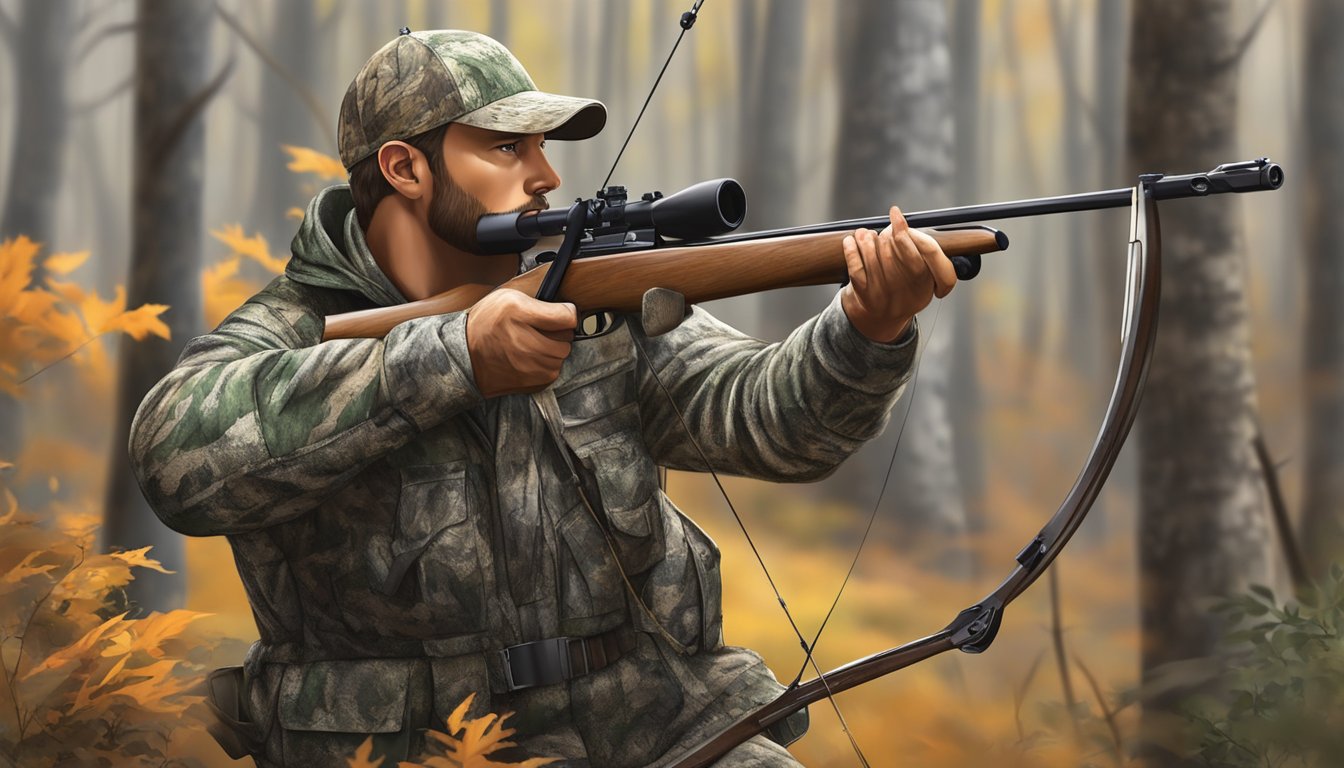 A hunter in camouflage draws his bow, aiming at a small game or furbearer in the Tennessee woods during hunting season