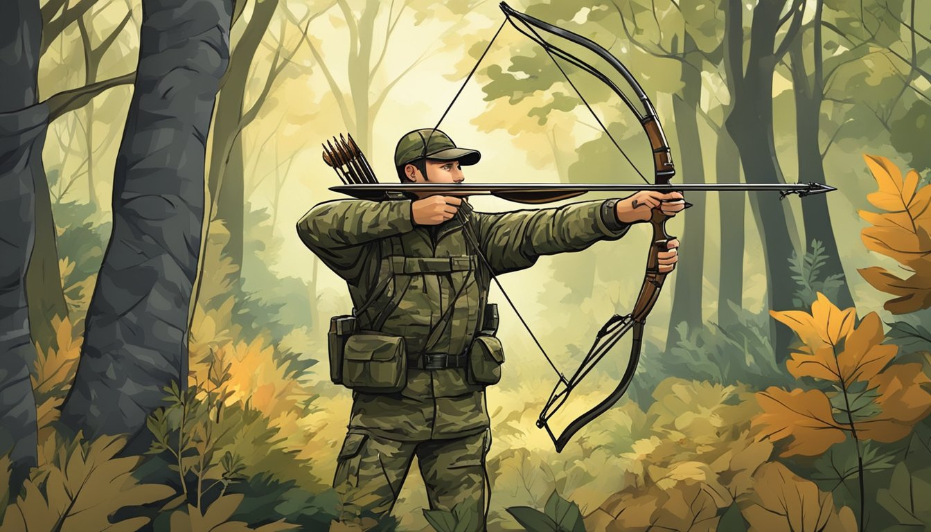 A hunter in camouflage with a bow and arrow, surrounded by trees and wildlife, in a forest during bow hunting season in New York