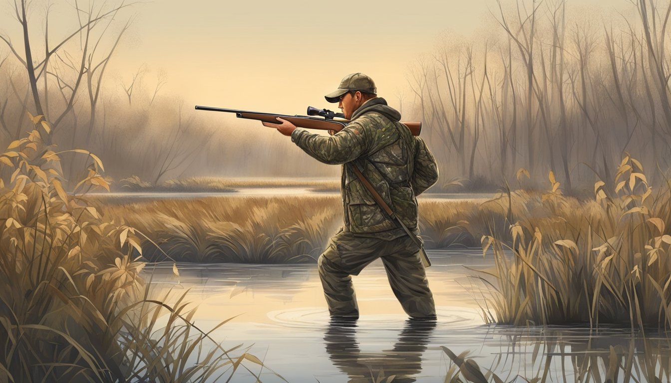 A hunter in camouflage draws back a bow, aiming at a flock of waterfowl in a marshy Tennessee wetland during hunting season