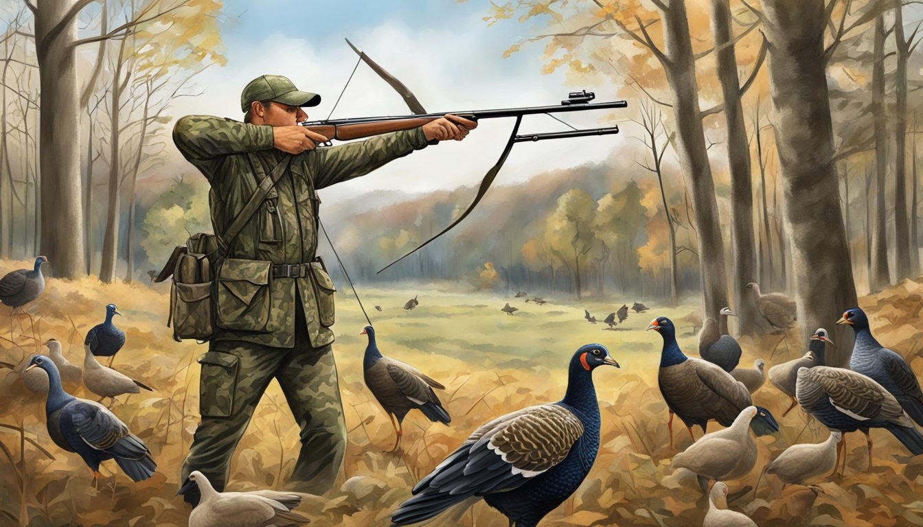 A hunter in camouflage draws a bow, aiming at a flock of turkey and other game birds in the Tennessee woods