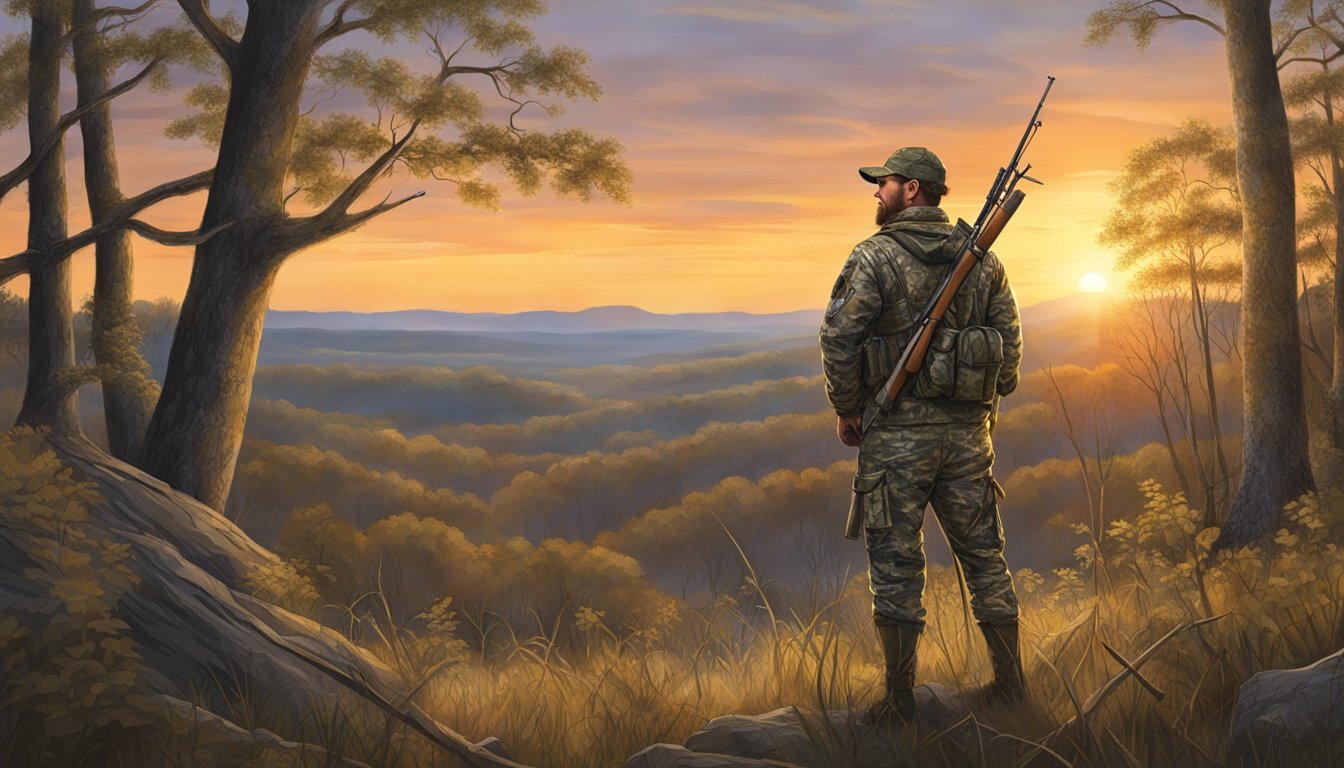 A hunter in camouflage stands in a wooded area, bow in hand, as the sun sets over the Tennessee landscape