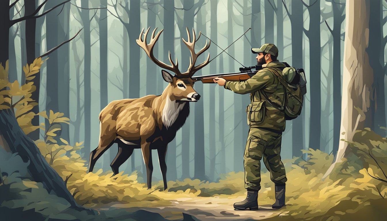 A hunter in camouflage aims a bow at a deer in the forest