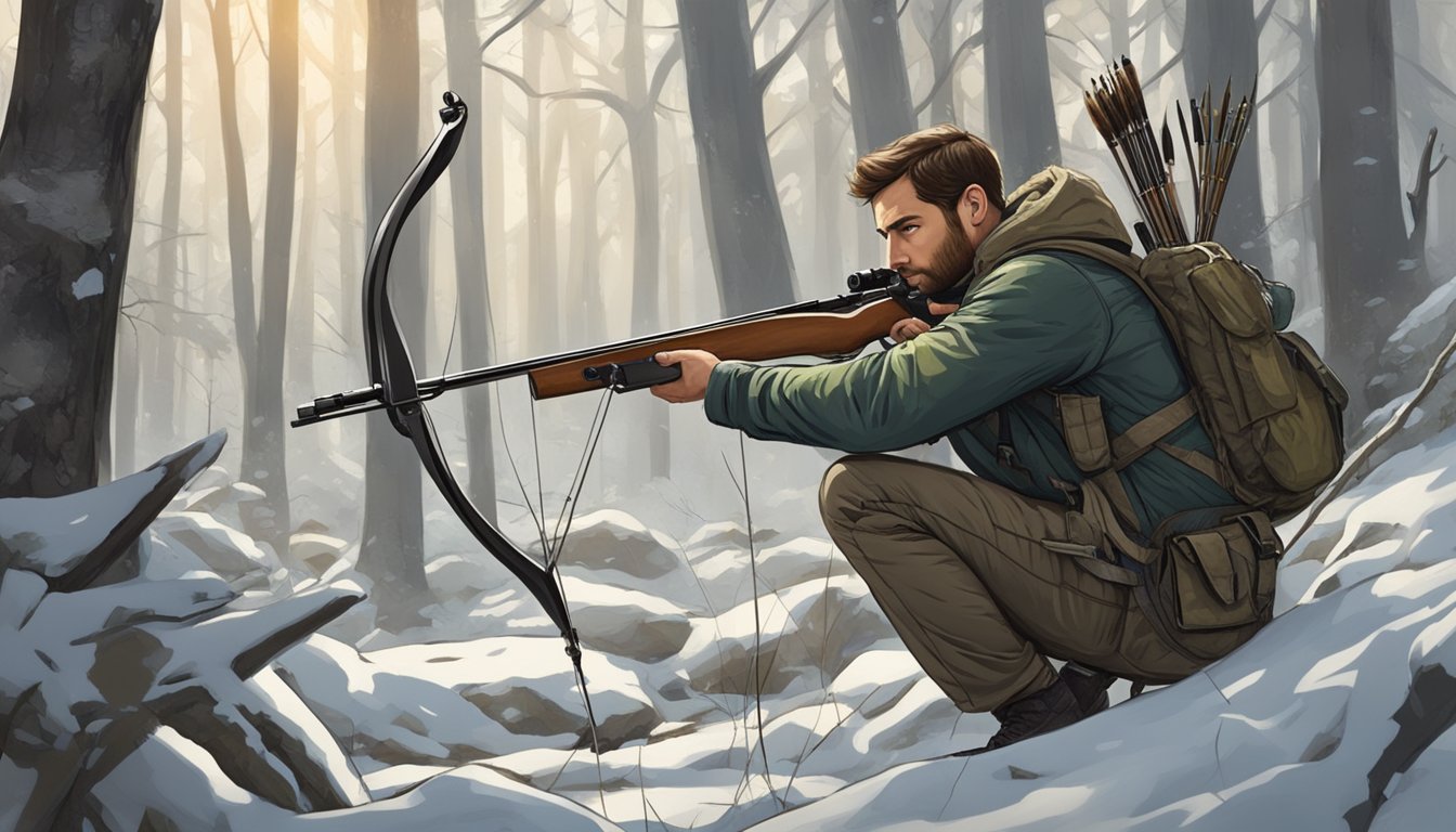 A hunter crouches in the dense New York forest, silently drawing back a bow, eyes fixed on a target in the distance