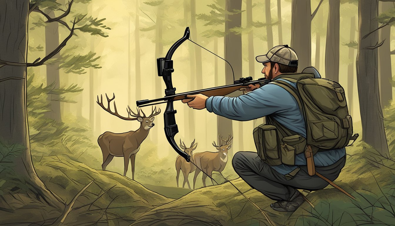 A hunter drawing back a bow, aiming at a deer in a Tennessee forest during bow hunting season