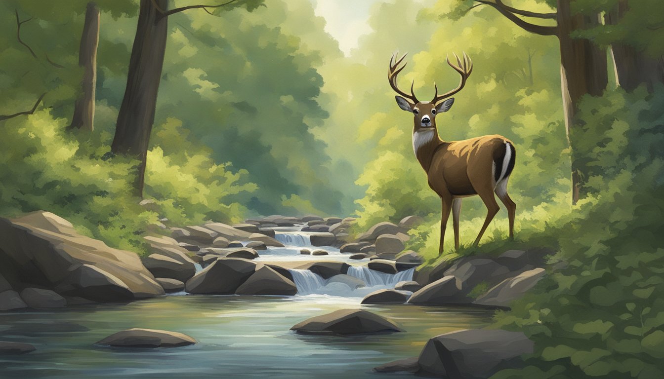 A deer cautiously approaches a stream in the Tennessee wilderness, surrounded by lush foliage and tall trees