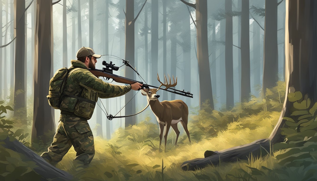 A hunter in camo aims a compound bow at a deer in a forest clearing during bow hunting season in Washington