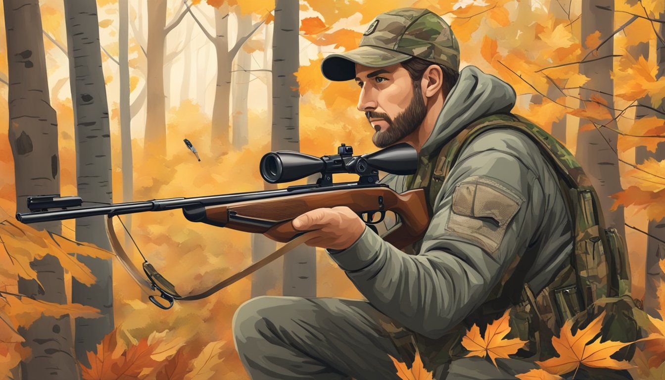 A hunter in camouflage drawing a bow, surrounded by autumn foliage and wildlife in a Tennessee forest