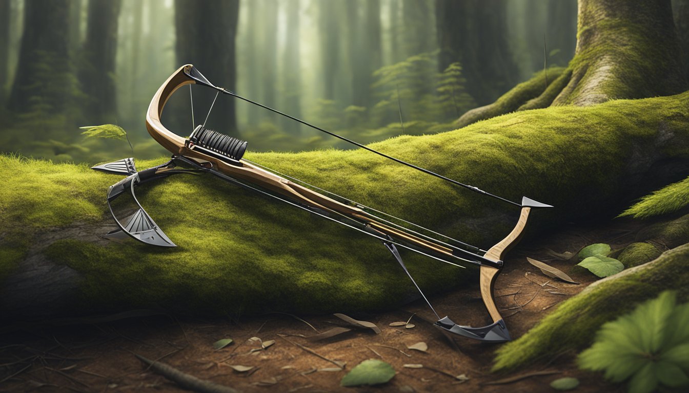 A bow and arrow laid out on a mossy forest floor, with camouflaged hunting gear hanging from tree branches