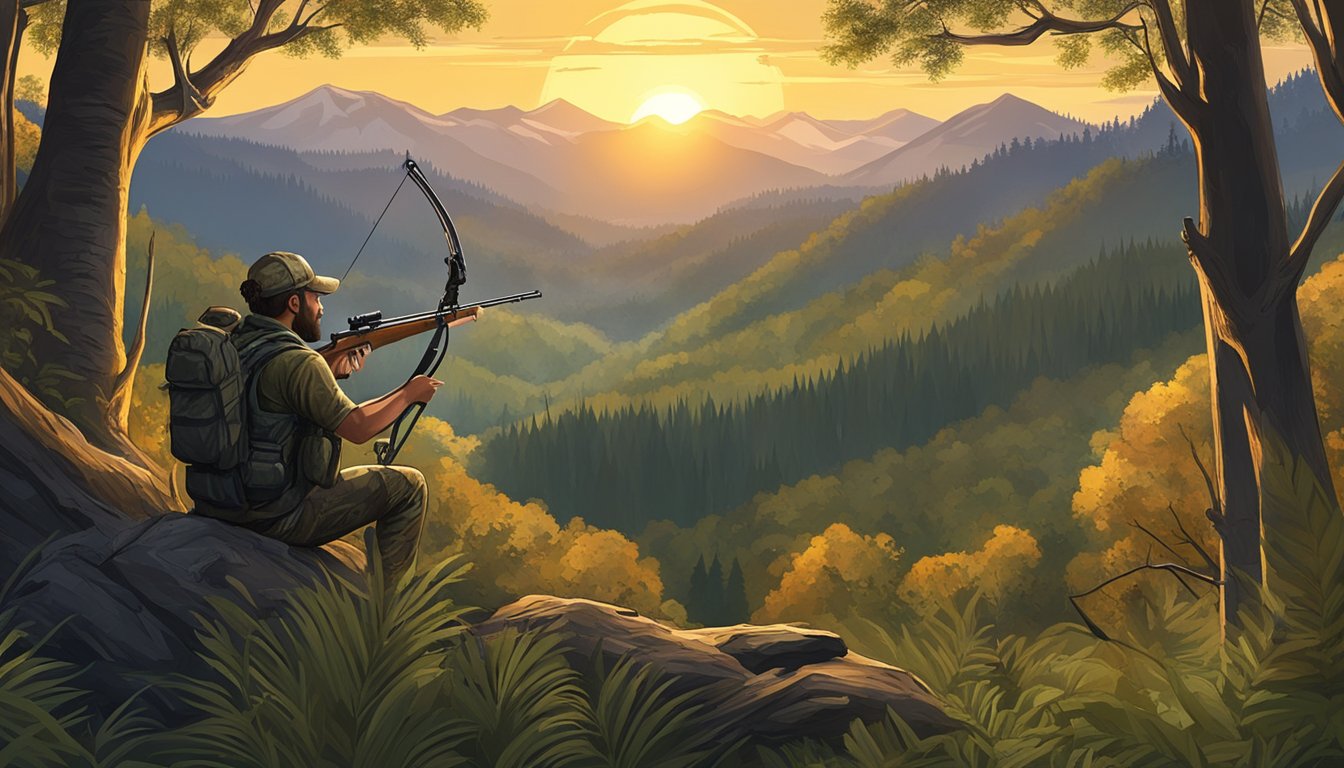 A hunter silently waits in a tree stand, surrounded by lush forest and wildlife. The sun sets over the mountains as he practices ethical bow hunting during conservation season in Washington