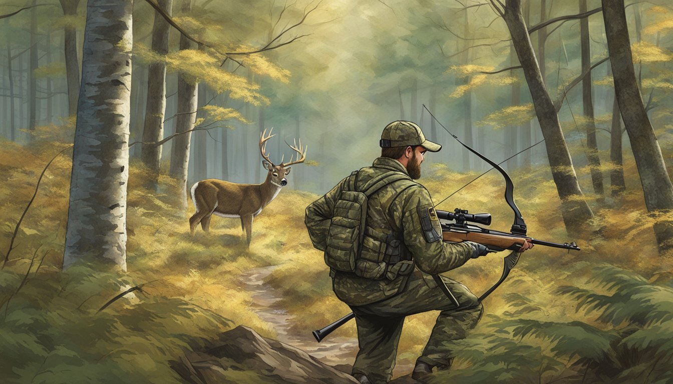 A hunter in camouflage aims a bow at a deer in a Vermont forest clearing