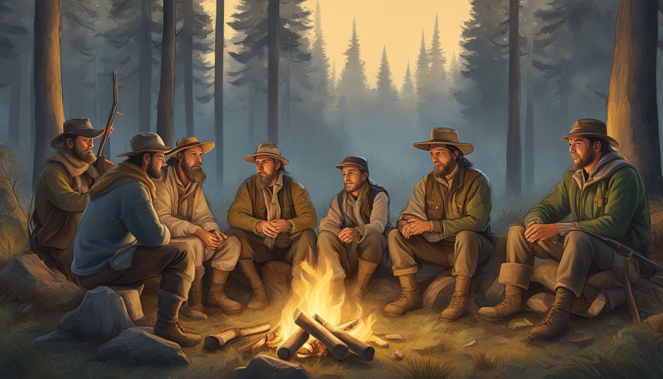 A group of hunters in traditional attire gather around a campfire in a forest clearing, sharing stories and preparing for the bow hunting season in Washington