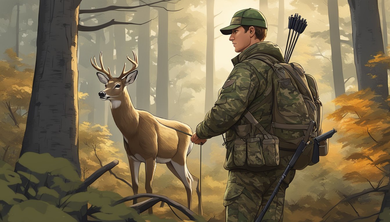 A hunter in camouflage gear carefully aims a bow at a deer in a forest clearing, surrounded by trees and a sign with hunting regulations