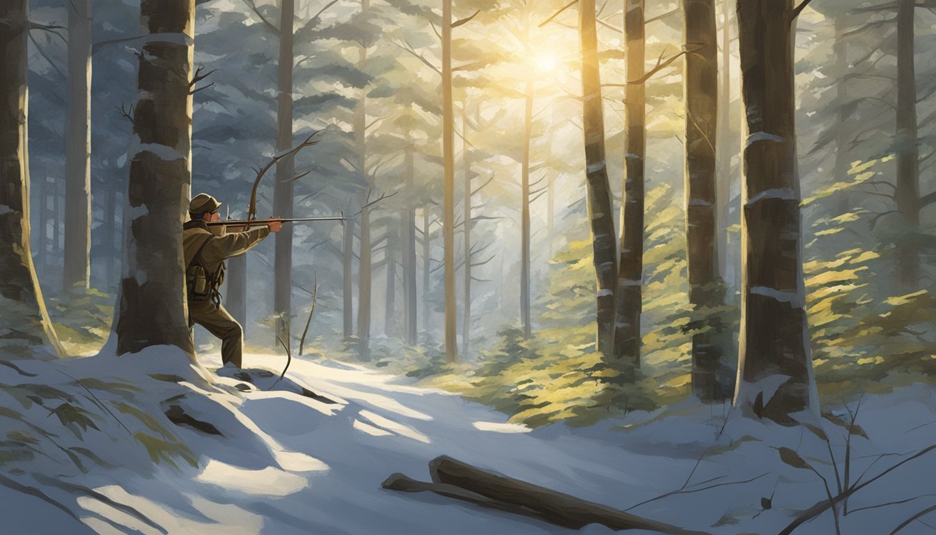 A hunter draws back a bow, aiming at a deer in a Vermont forest clearing. The sunlight filters through the trees, casting dappled shadows on the ground