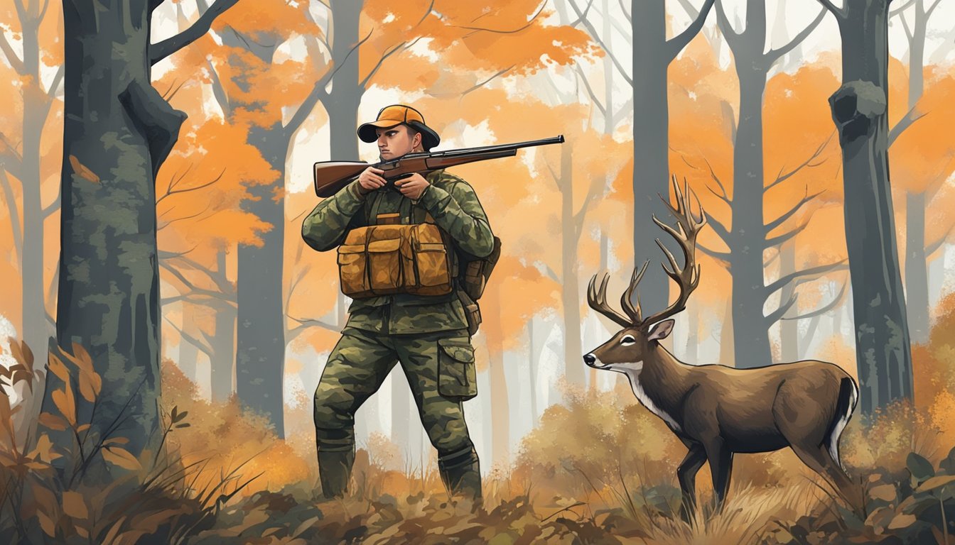 A hunter in camouflage stands in a forest clearing, drawing back a bow aimed at a deer. Surrounding trees are adorned with orange hunting permits