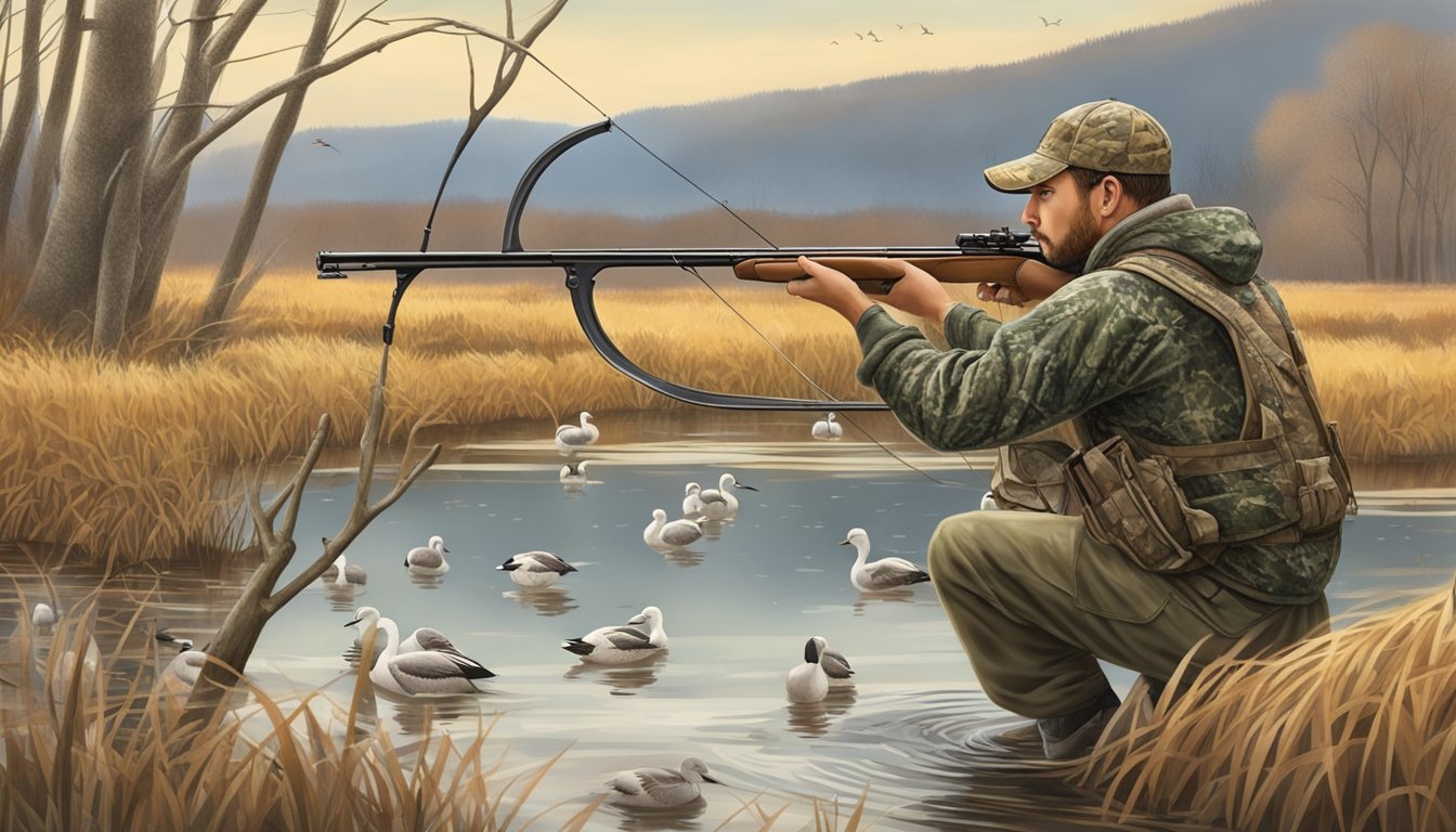 A hunter in camouflage aiming a bow at a flock of waterfowl in a Vermont wetland during migratory bird season