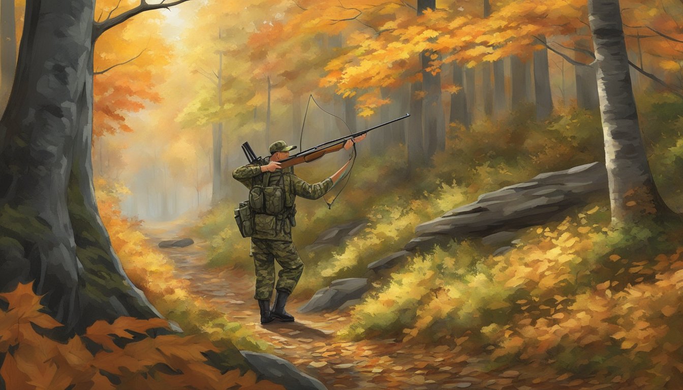 A hunter in camouflage draws back a bow in a lush Vermont forest, surrounded by autumn foliage and the sounds of nature