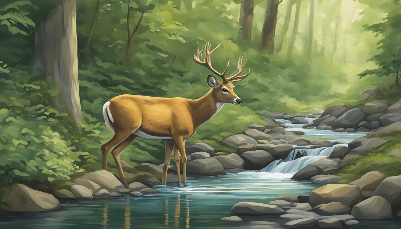 A deer cautiously drinking from a stream, surrounded by lush Ohio forest