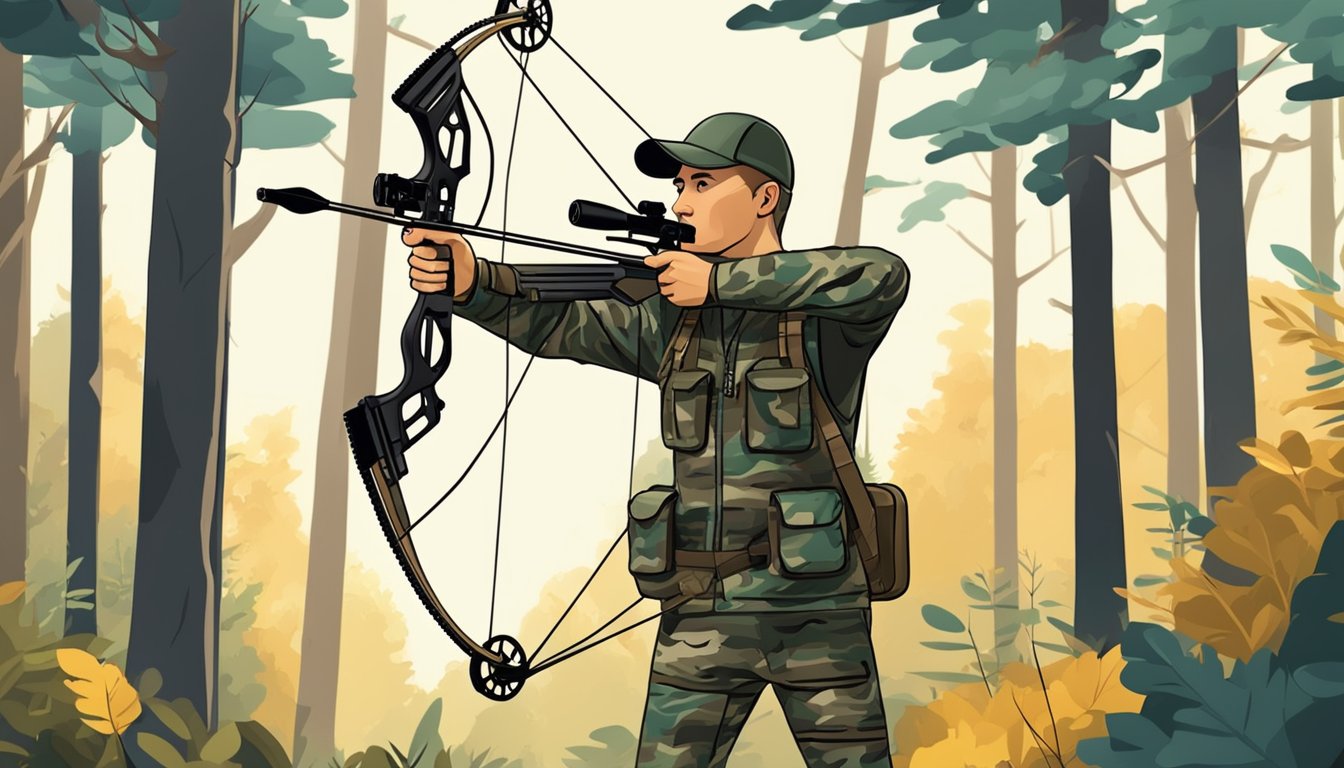 A hunter in camouflage draws back a compound bow, aiming at a buck in a sun-dappled forest clearing