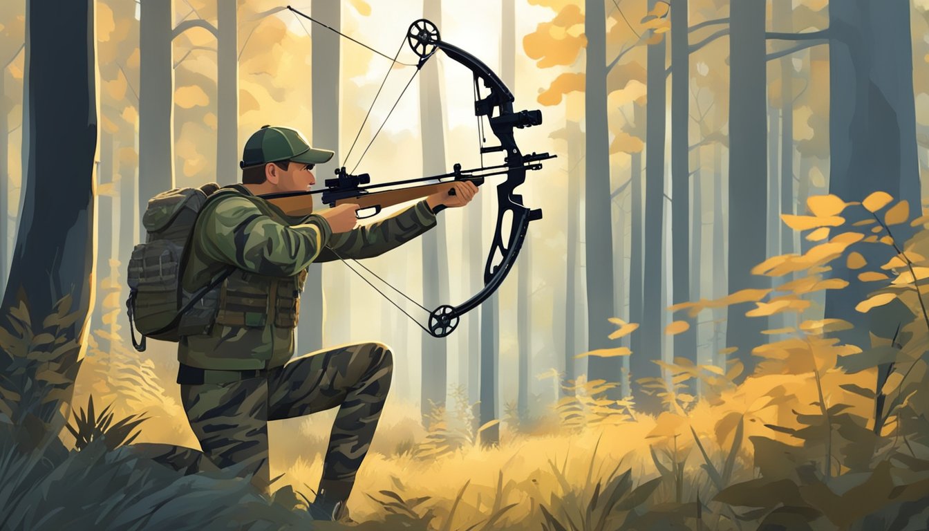 A hunter in camouflage draws back a compound bow, aiming at a white-tailed deer in a forest clearing. The early morning sun casts long shadows