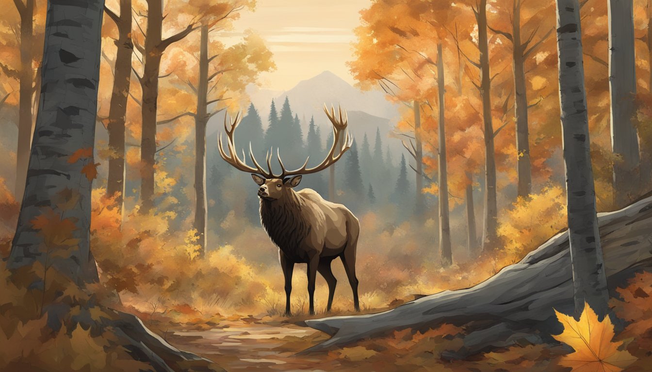 A lone hunter in camouflage stands in a dense forest, drawing back a bow aimed at a majestic elk. Surrounding trees are adorned with autumn leaves